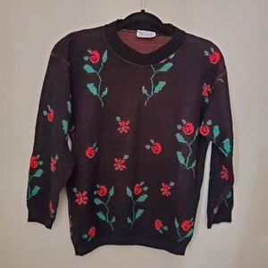 Vintage Brunny 80s Sweater Womens Small Black Red Rose Acrylic USA Made